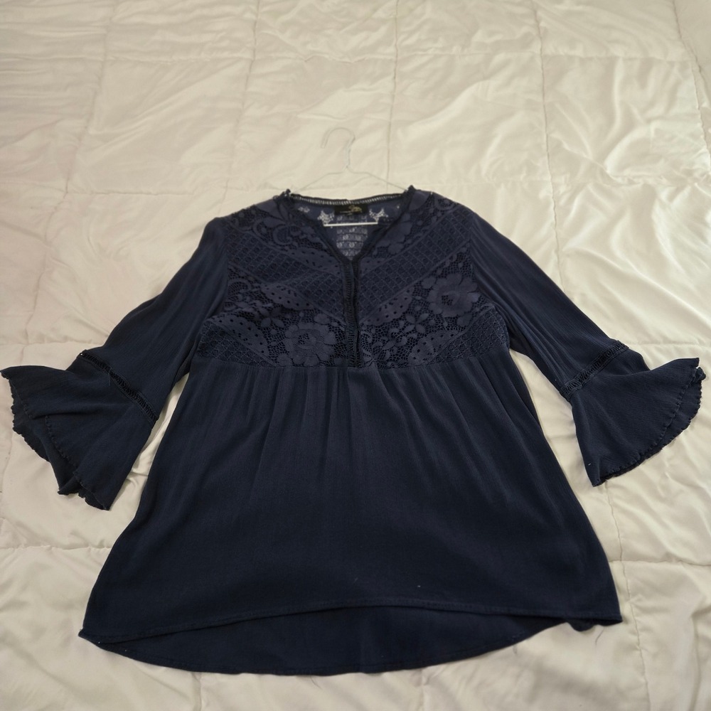 Suzanne Betro Navy Blue Lace Crochet Boho Bell Sleeve Blouse Top Plus Size 1X